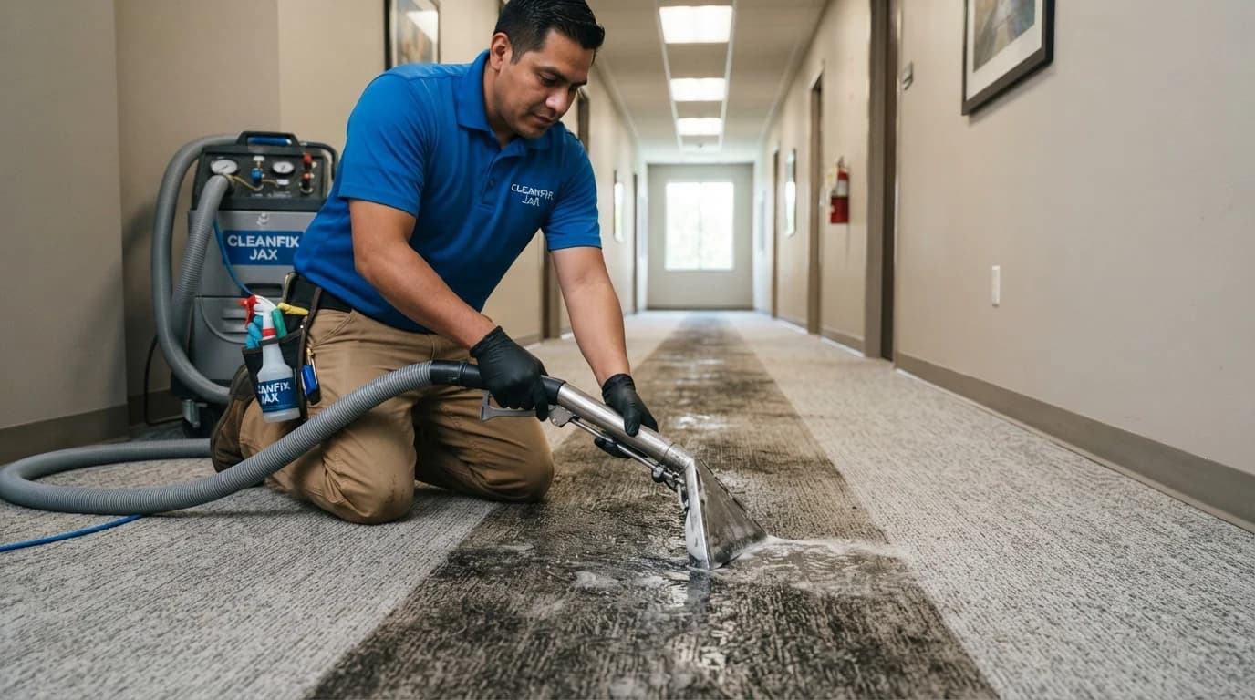 A professional cleaner treating hallway carpet.