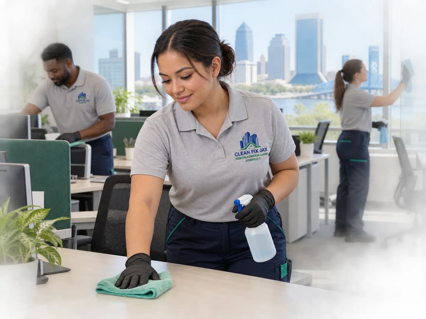 CleanFix Jax team cleaning workstations in a Jacksonville office