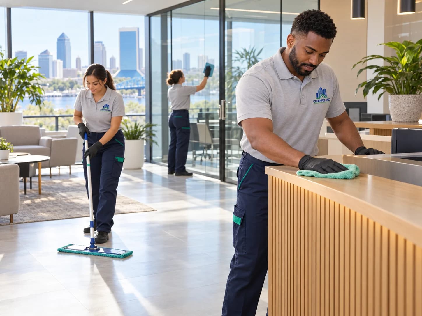 Clean Fix Jax team cleaning a reception counter, floors, and glass in branded uniforms